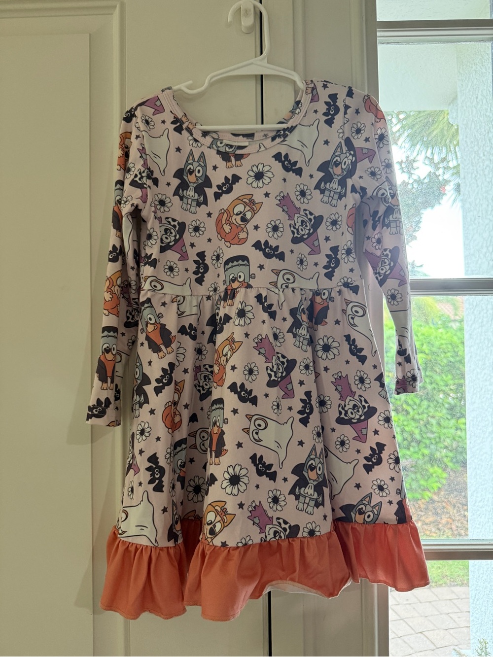 Girls' Pink Bluey Halloween Cartoon Long-Sleeve Dress with Orange Ruffle Hem